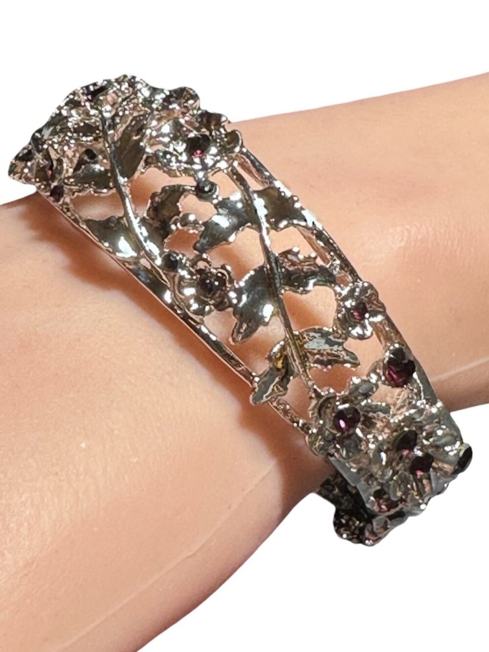Hinged Bangle Bracelet Clamper Silver Tone Floral Filigree Purple Rhinestone